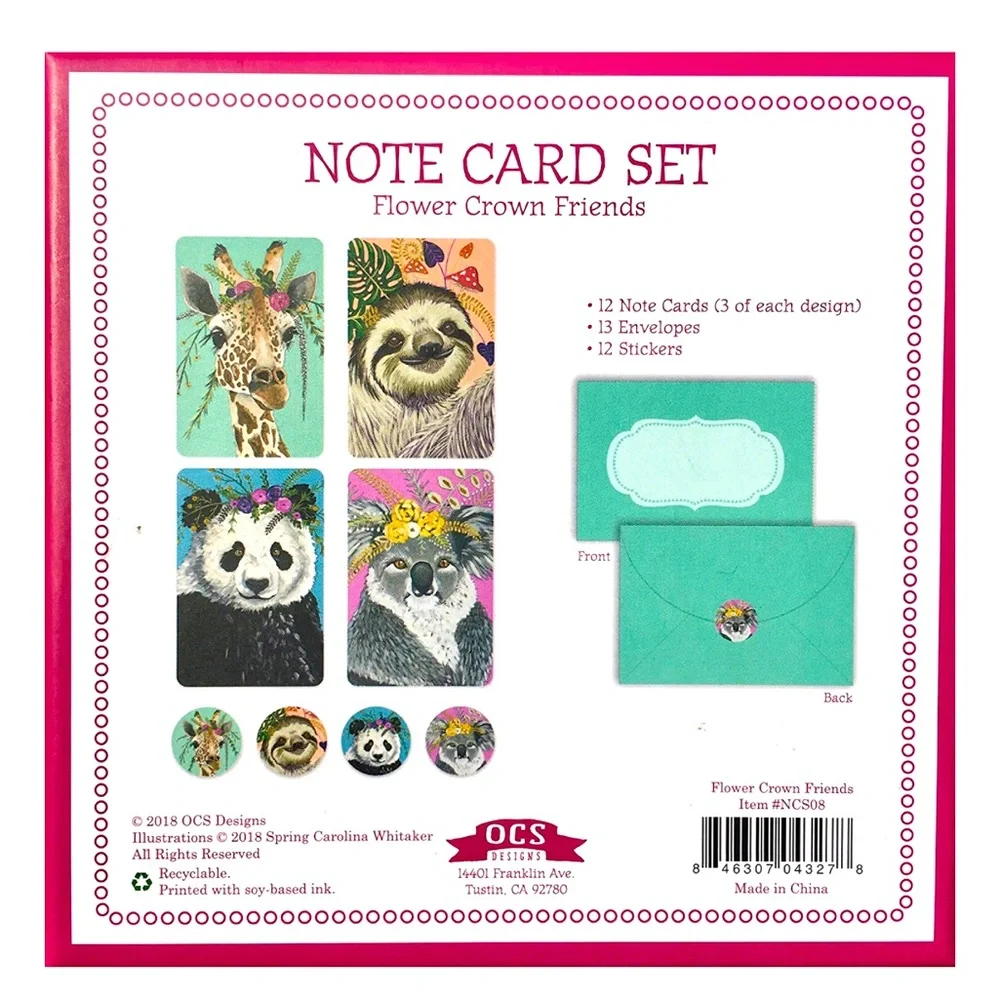 OCS Flower Crown Friends Window Boxed Set of Note Cards w/Stickers (NCS08) 12 ct